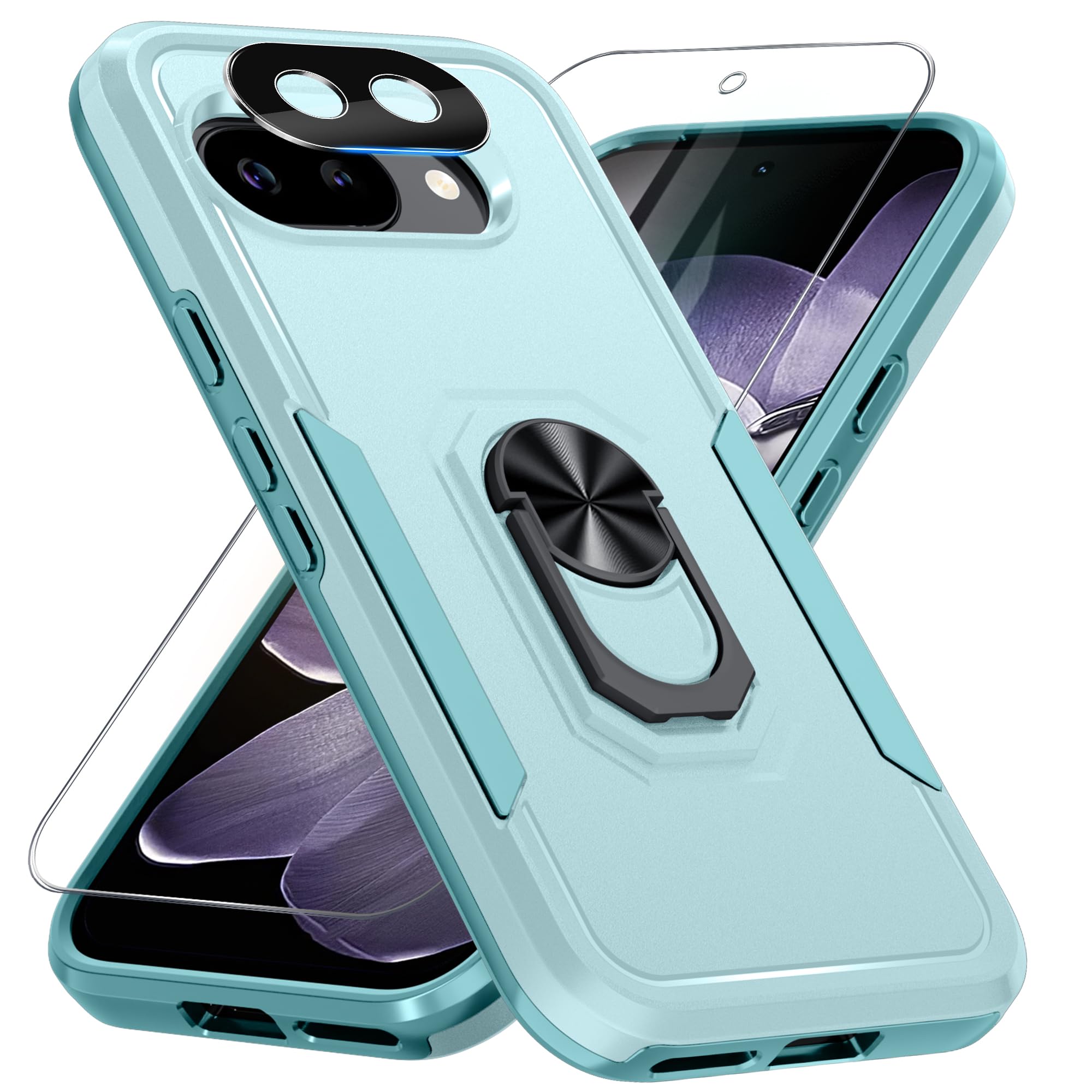 Photo 1 of for Google Pixel 9a Case with Screen Protector+Camera Lens Protector,Heavy Duty Shockproof Full Body Protective Cover Built in Rotatable Metal Ring Holder Kickstand,2025 Mint Green