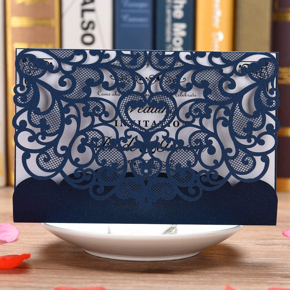 Eleva Wedding Invitation Card 30 pack Laser Cut Weddings Invitations Kit with Blank Printable Paper and Envelopes Navy Blue