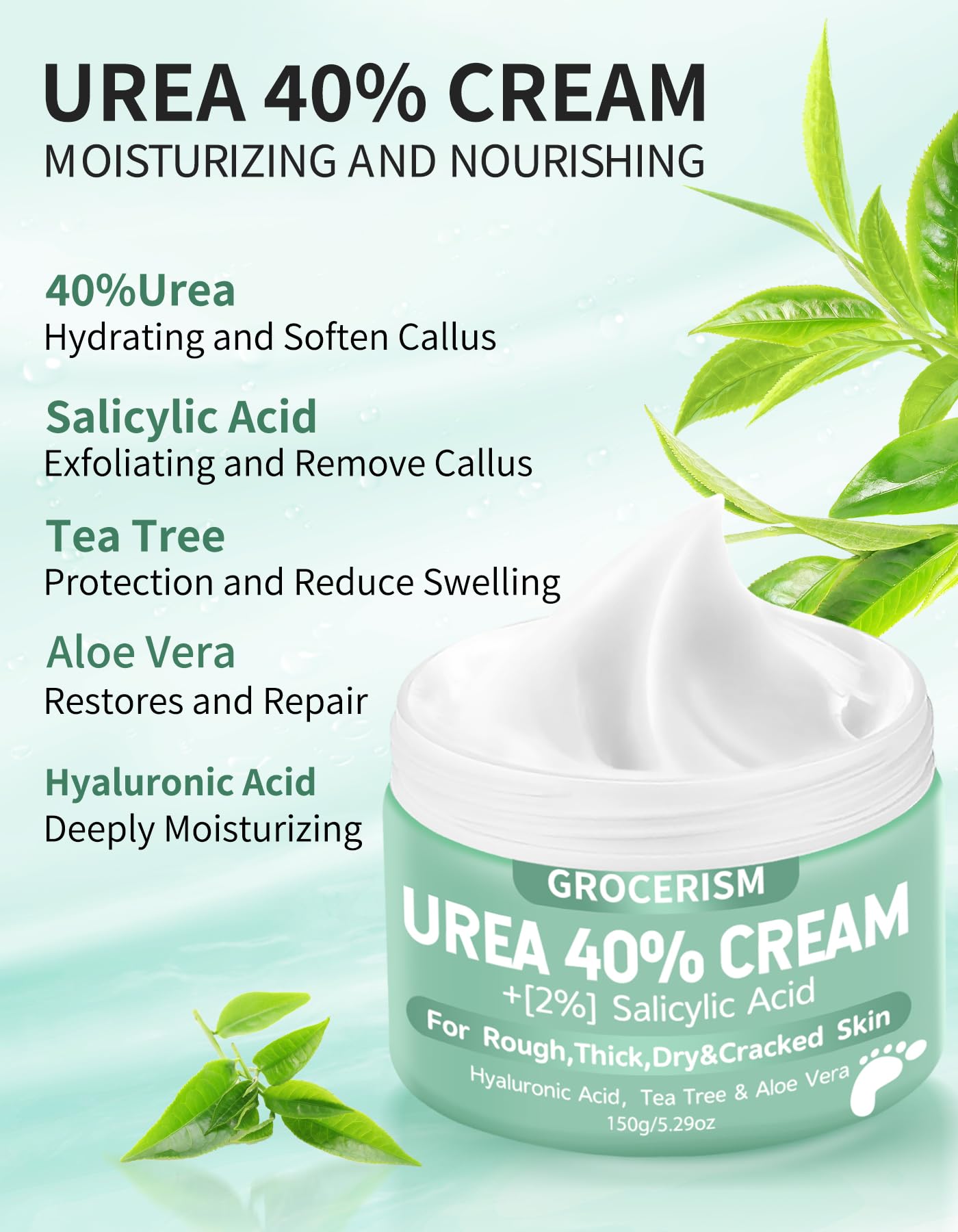 Urea Creme 40 prozent 150 Gramm || Hornhautentferner Fußcreme, Handcreme, Bodylotion mit Hyaluronsäure, Teebaum und Aloe Vera für tiefe Feuchtigkeit, Kallusentferner und Erweichung 3