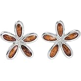 925 Sterling Silver Natural Koa Wood Hawaiian Plumeria Flower Stud Earrings, Nickle Free Hypoallergenic for Sensitive Skin, Island Tropical Jewelry, Gift Box Included
