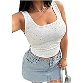 WDIRARA Women's Plus Size Rhinestone Tank Top Square Neck Sleeveless Rib Knit Tops