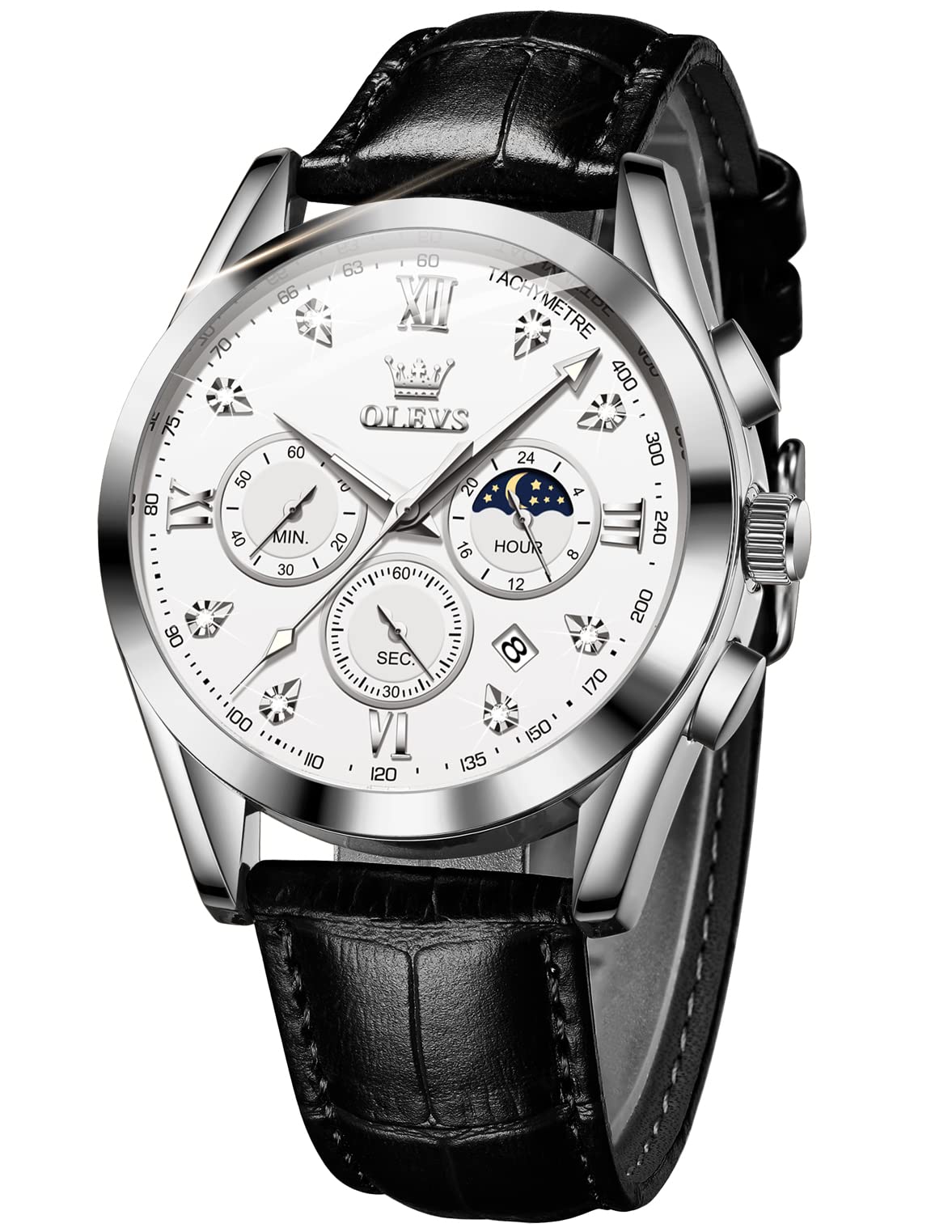 Photo 1 of OLEVS Mens Watches Leather Chronograph Diamond Luxury Fashion Dress Analog Quartz Wrist Watch White Luminous Waterproof Moon Phase Date