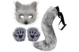 Adolala Faux Fur Fox Tail Cat Wolf Set Plush Mask Fluffy Paw Gloves Halloween Christmas Party for Women