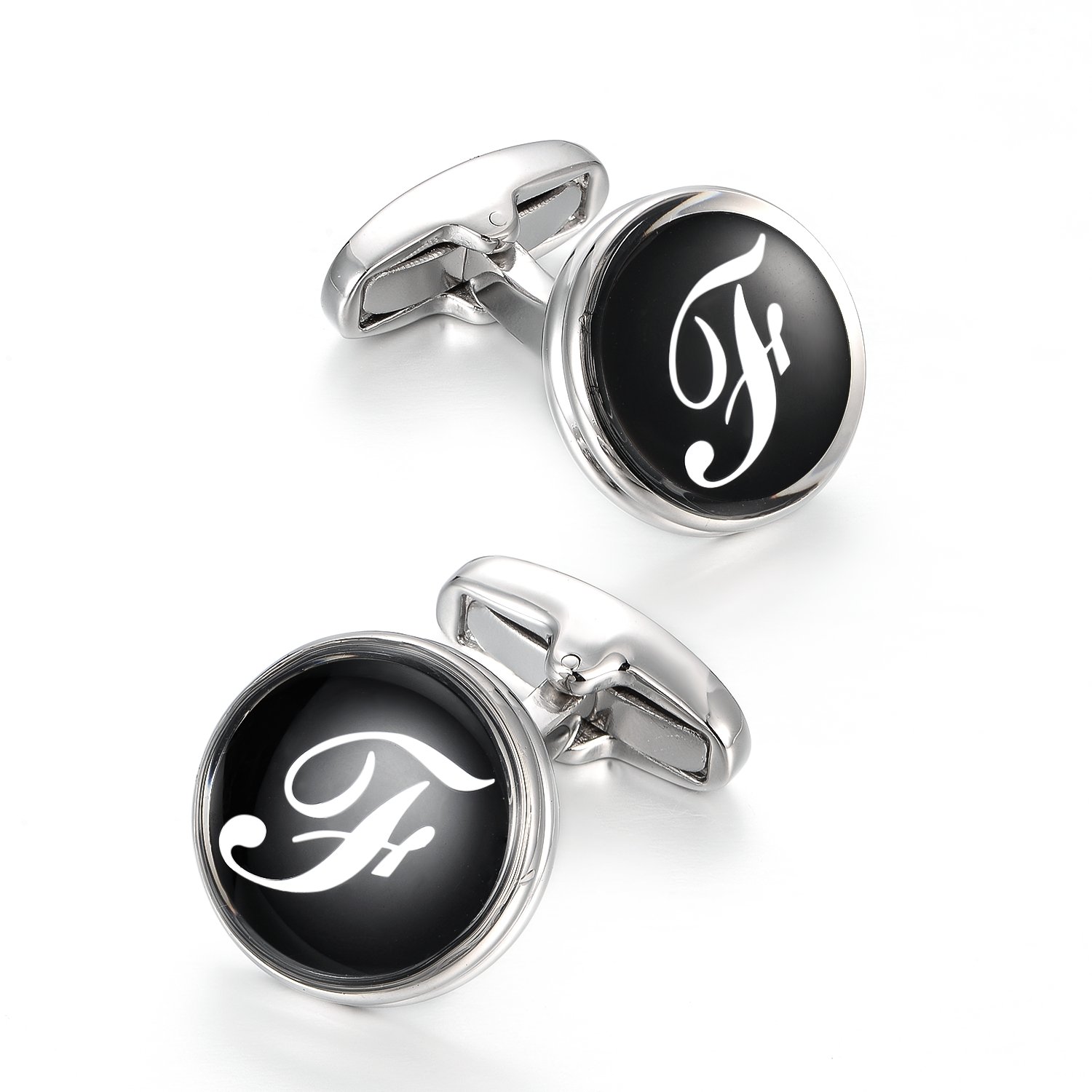 Merit Ocean Black Silver Cufflinks for Men Round Letter Initial Alphabet Rhodium Plated Cuff Links Mens Wedding Business (F)