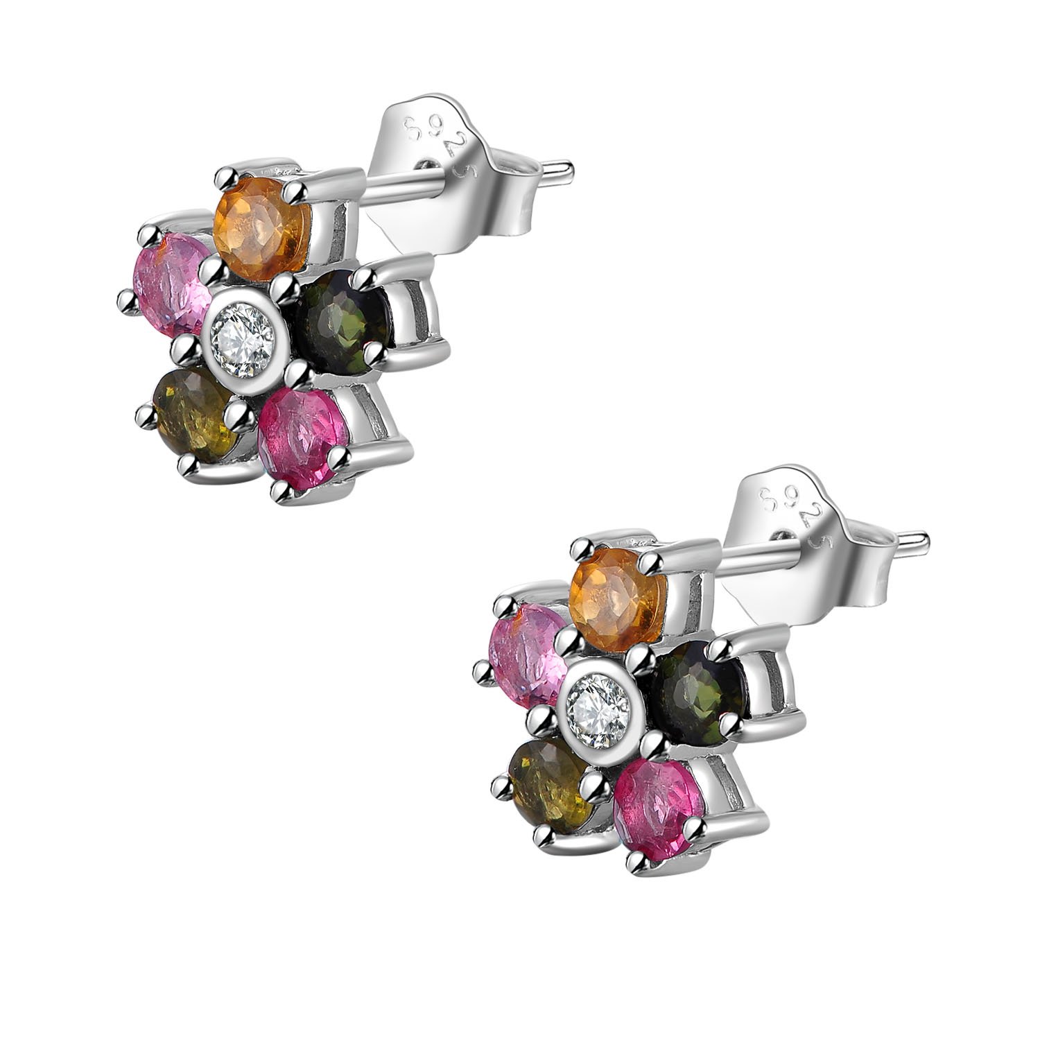 COLORFEY Flower S925 Sterling Silver multi color Tourmaline Natural Gemstone Earring Studs for Women
