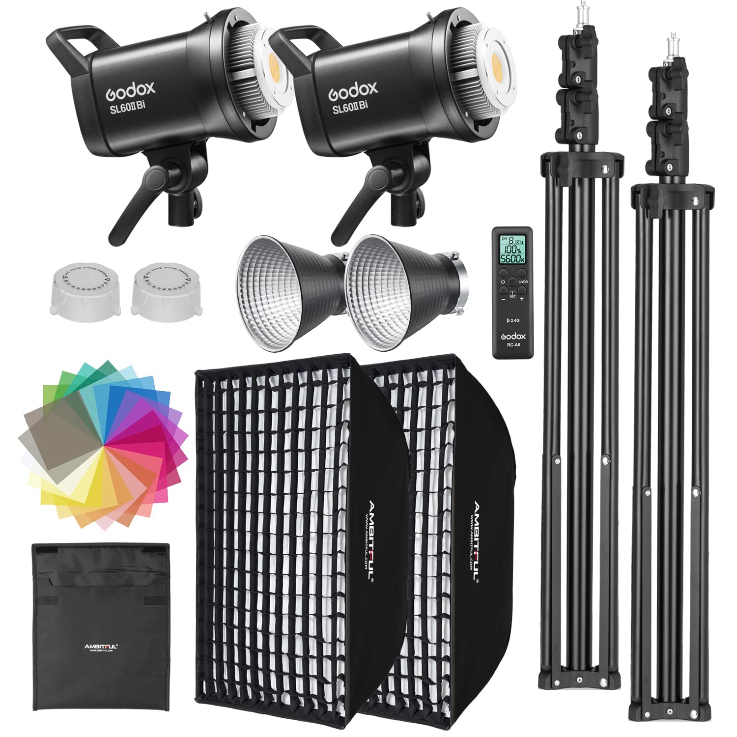 Photo 1 of Godox SL60II-Bi LED Video Light Kit 2 Pack 2800K-6500K Bi-Color Continuous Light, Square Grid Softbox,Light Stand, Remote Control & Honeycomb Grid for Studio Video Recording, Filming, Podcast (2PCS)