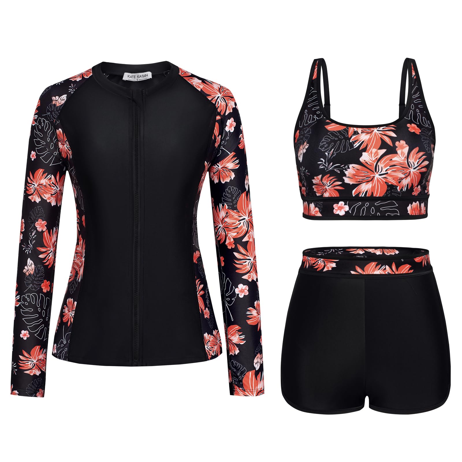 Photo 1 of *large* Womens Rashguard Long Sleeve Zipper Rash Guard Swimsuit Jackets for Women Quick Dry Workout Hiking Tops Black-Orange Flowers L