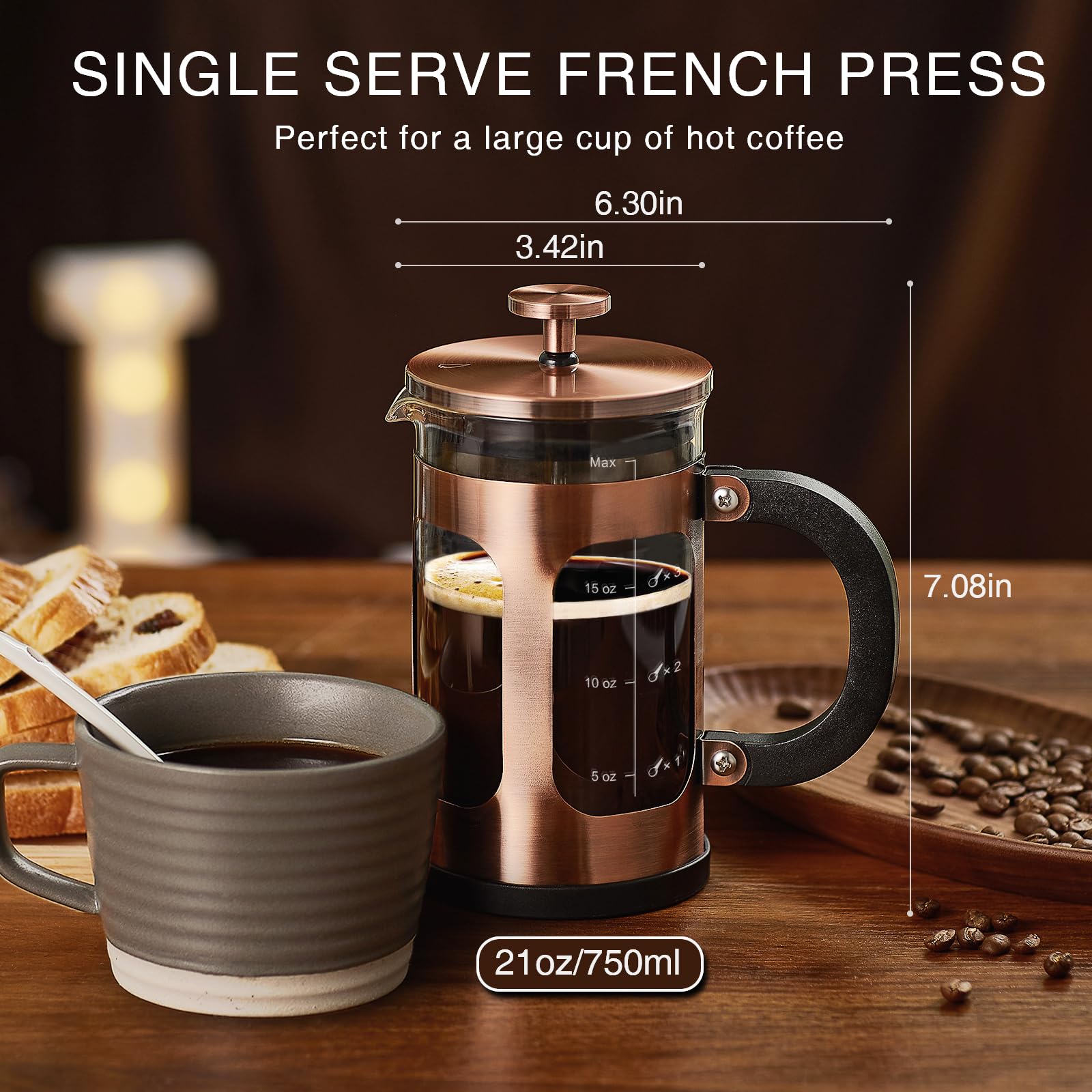 BAYKA French Press Coffee Maker, Borosilicate Glass and Stainless Steel Coffee Press, Cold Brew Coffee Brewer Tea Press, Bronze, 600ml