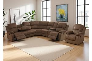 Anthato Manual Reclining Sectional Sofa Set, Living Room Furniture Sets, L-Shaped Sectional Couch & Chair, Comfy 7-Seat Corduroy Fabric Recliner Couch with Coffee Table/Cup Holders for Office, Brown