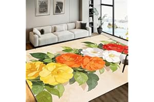 Red and White Floral Area Rug,6x8ft,Yellow and Orange Flower Area Rug, Green Plant Print Colorful Rugs,Low Pile Non-Slip Vacu
