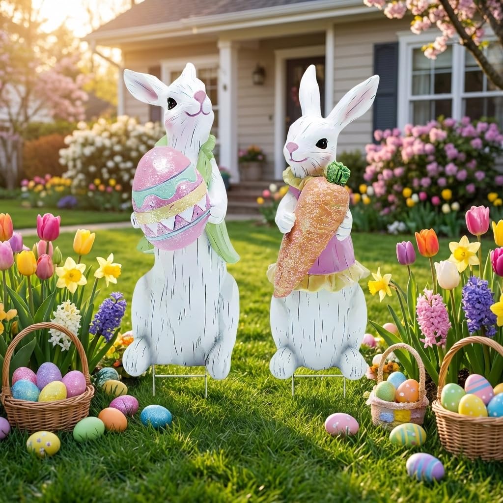 Photo 1 of 2 PCS Large Easter Decorations Outdoor Easter Yard Signs Easter Yard Decorations with Metal Stakes Bunny Decorations Easter Outdoor Garden Sign Waterproof Lawn Signs for Pathway Walkway