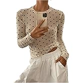 SHENHE Women's Polka Dots Sheer Mesh T Shirt Long Sleeve Round Neck Slim Fitted Streetwear Top