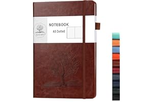 Daofary Dotted Journal Notebook with Pen Holder— A5 Leather Dot Grid Notebook with 160 Pages 100gsm Thick Paper, Hardcover Dotted Journal with Pocket for Woman Men 8.4 x 5.7 in (Brown)