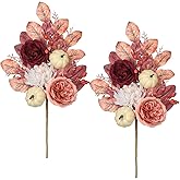 Fake Fall Flowers Bouquet Arrangements Artificial Silk Flower Stem with White Pumpkin and Pink Eucalyptus Leaves Autumn 2PS Red Floral Table Centerpieces for Vase Home Kitchen Thanksgiving Decor