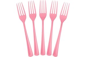 Exquisite Disposable Black Plastic Forks - 100 Pcs Heavy Duty Cutlery Flatware Silverware (Pink)
