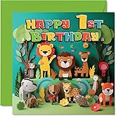 Stuff4 1st Birthday Card for Boys Girls - Jungle Animals - Happy Birthday Card 1 Year Old Boy Girl, First Birthday Cards for Him Her, 5.7 x 5.7 Inch Greeting Cards for Nephew Niece Children Kids