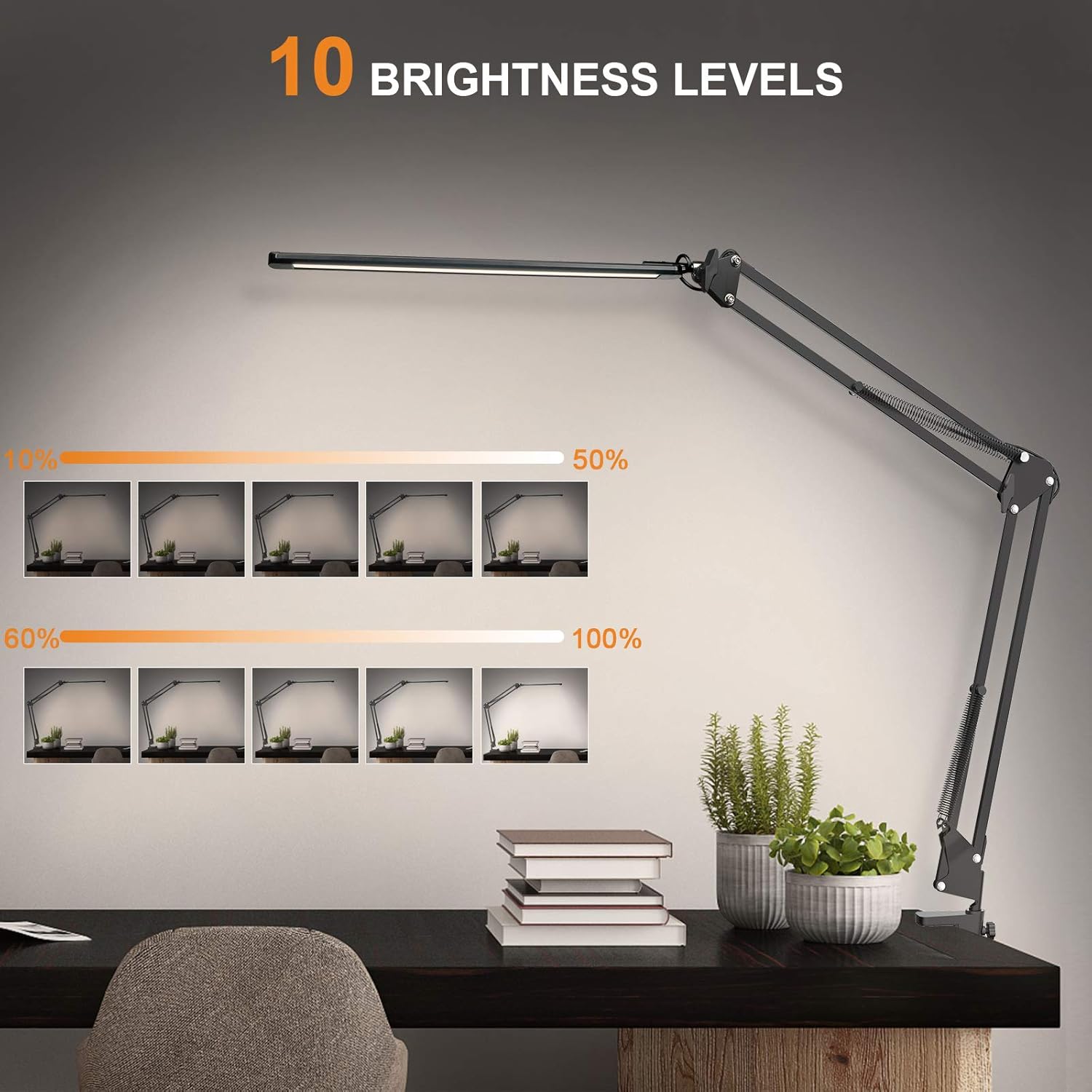 LED Desk Lamp, Adjustable Swing Arm Desk Lamp with Clamp, Dimmable Desk Light Eye-Care Table Light, Memory Function, 3 Color Modes, 10-Level Brightness Table Lamp for Home, Office, Study, Reading - - 