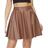 Fahsyee Leather Skater Skirt, Women's Black Pleated Plus Size Mini A-line Vegan Faux High Waist Casual Stretchy S-XXXL