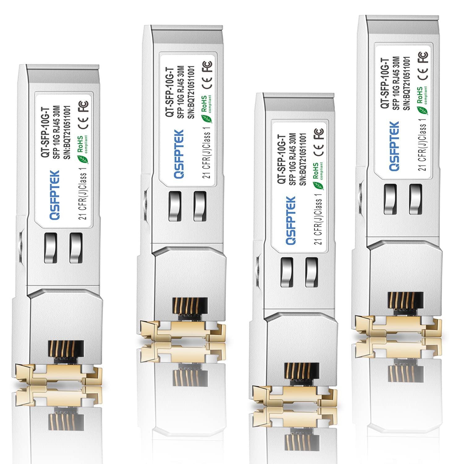 QSFPTEK (4Pack) 10GBASE-T SFP+ to RJ45, 1.25G/2.5G/5G/10Gb RJ45 Copper Mini-GBIC Transceiver for Cisco SFP-10G-T-S, Ubiquiti UF-RJ45-10G, Mikrotik, Netgear, D-Link, Supermicro, CAT6A/CAT7, up to 30m