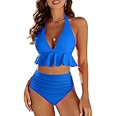 Edelqual Women High Waisted Bikini Sets Two Piece Swimsuit Ruffle Tummy Control Bathing Swim Suit Halter V Neck Swimwear