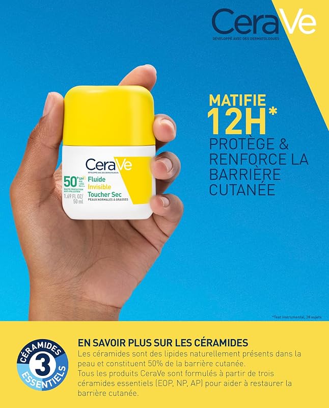 , Fluide Invisible Toucher Sec SPF 50+, Très Haute Protection Solaire Visage, Peaux Normales à Grasses, Matifiant 12H, Sans Traces Blanches, Base Maquillage, Niacinamide et Vitamine E