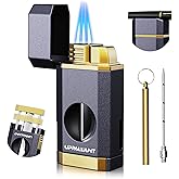 Triple Flame Torch Lighter with Built-in V Cutter, Holder and Draw Enhancer Tool, Butane Refillable Torch Lighter, Multifunctional Accessories Gift, Windproof Lighters for Candles and Outdoors