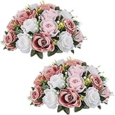 NUPTIO Large Flower Balls for Centerpieces - 2 Pcs 13.8in Diameter Dusty Rose & White Artificial Flower Ball Arrangement Bouquet Wedding Centerpieces for Tables - Fake Rose Flowers for Weddings Decor
