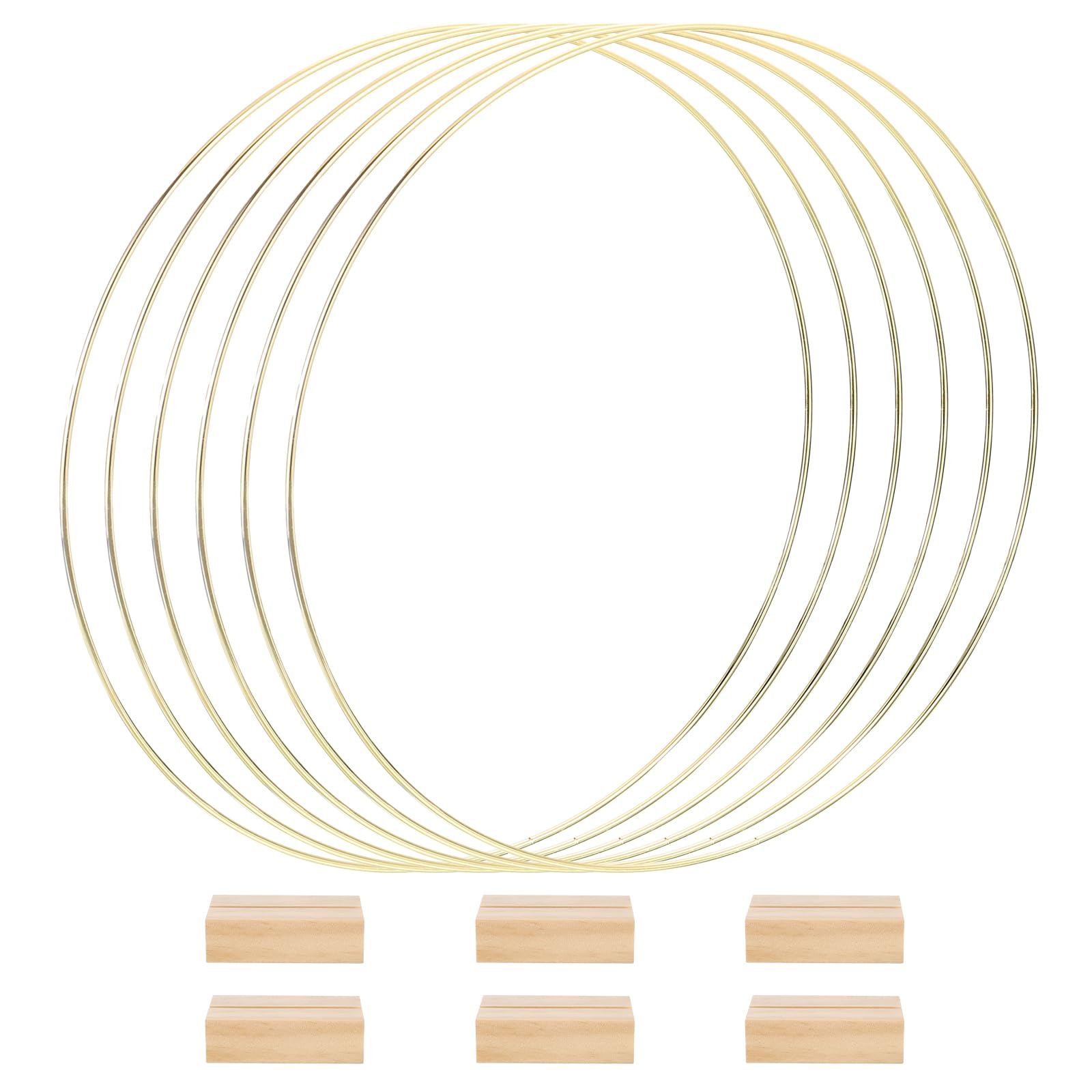PATIKIL 14 Inch Metal Floral Hoop Centerpiece for Table, 6 Pack Metal Wreath Ring Macrame Hoop with Wood Holder Stands for DIY Crafts Wedding Table Decorations, Gold Tone