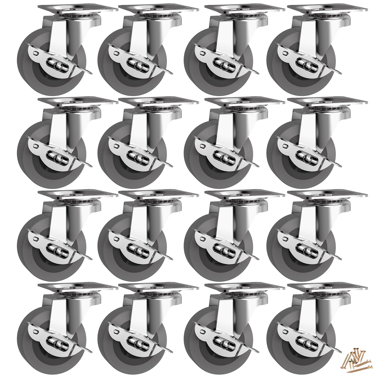 BOSGEOT 2" Caster Wheels, Casters Set of 16, Heavy Duty Casters with Brake, Locking Castors with Rubber Wheel，Plate Swivel Caster Wheels for Furniture Cart and Workbench,Pack of 16 Image