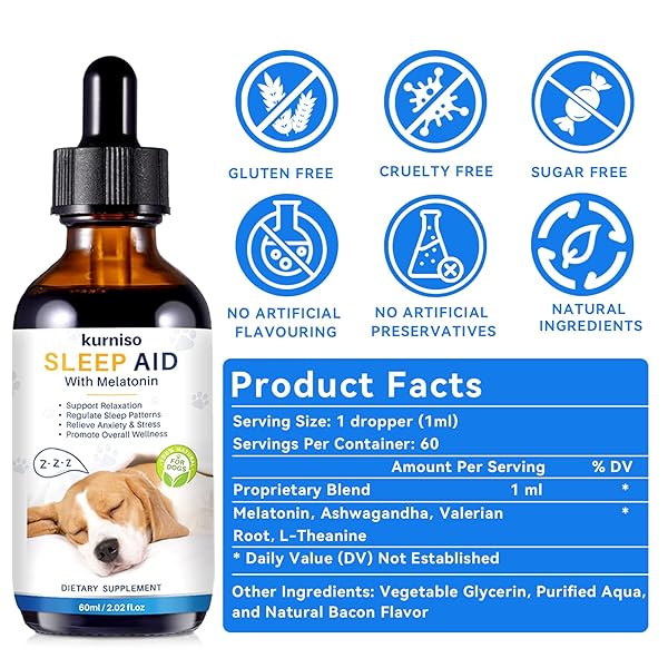 KURNISO MELATONIN FOR DOGS-DOG ANXIETY RELIEF, DOG ESSENTIALS FOR RELAX, SLEEP & STRESS REDUCE, PROMOTES OVERALL HEALTH LIQUID MELATONIN, POWERFUL DOG SLEEP AID, 60ML