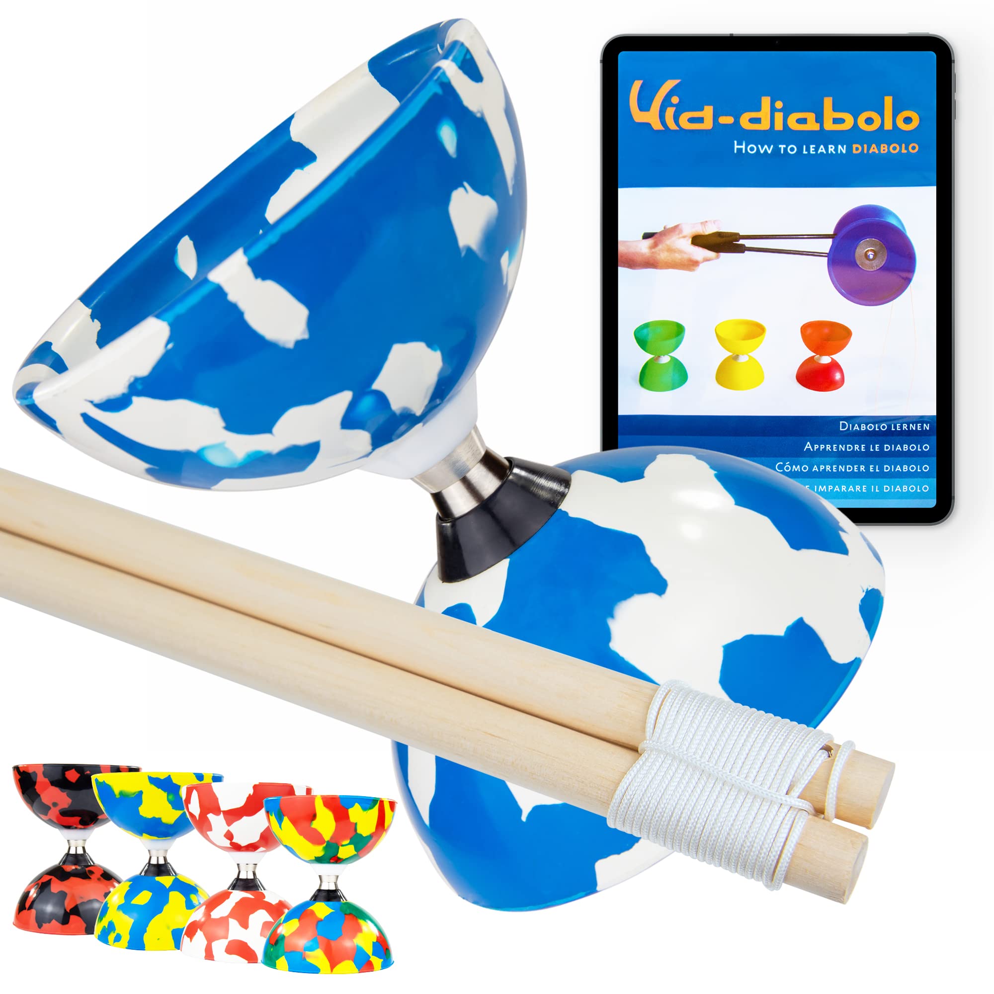 Juggle Dream Jester Diabolo Set - Bearing Axle Professional Diabolo with Wooden Handsticks and Online Learning Video - Juggling Toy (Blue/White) — image 1