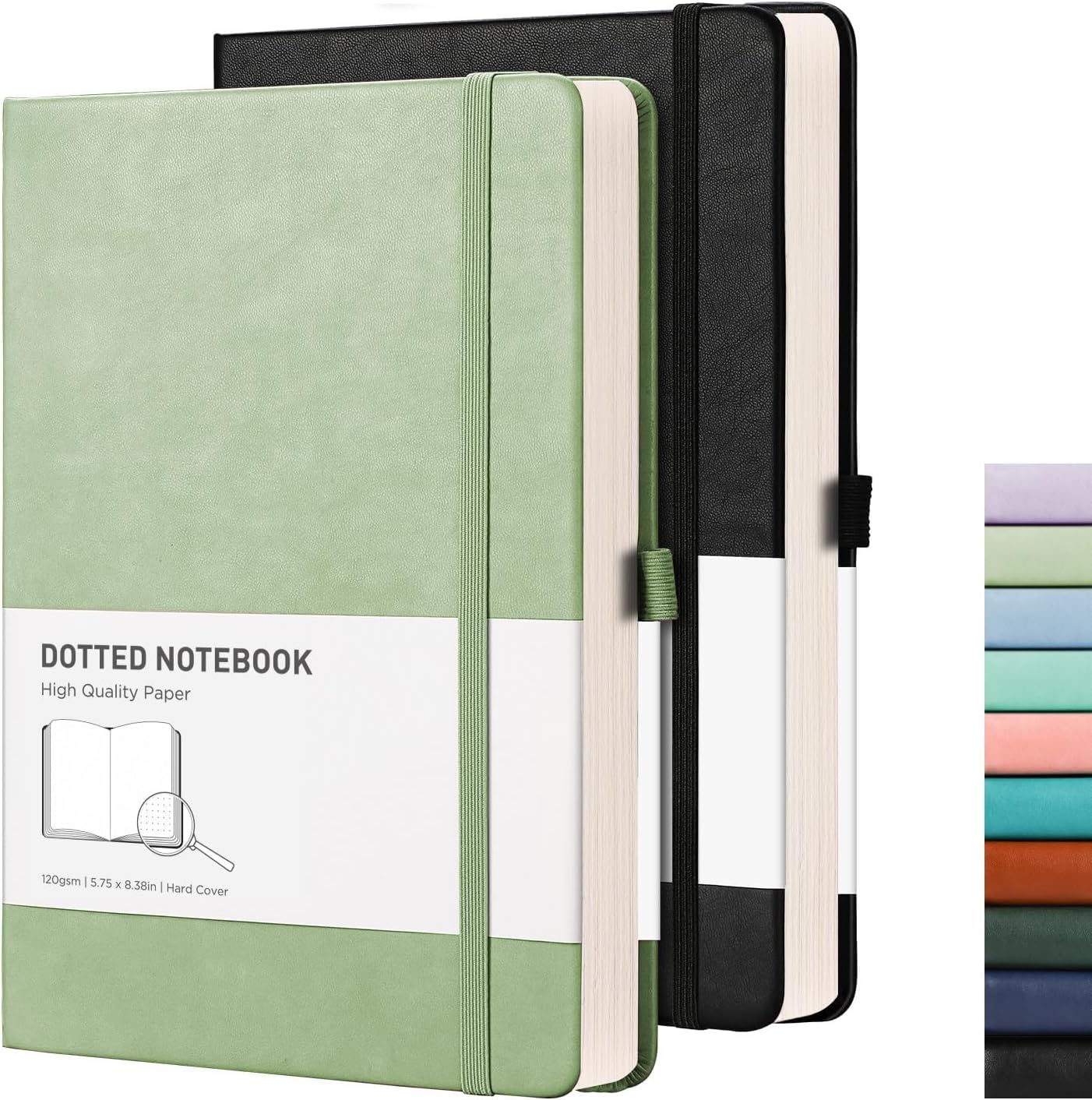 RETTACY A5 Dotted Notebook 2 Pack - Bullet Dot Grid Journal with 320 Numbered Pages Hardcover 120gsm Thick Paper, 8 Perforated Sheets, Pen Holder, Inner Pocket 14.5 x 21cm - Black LGreen — image 1