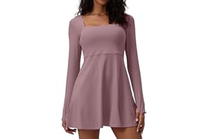 SUHK ASANA Square Neck Long Sleeves Tennis Dress One Piece Exercise Dress with Built-in Bra