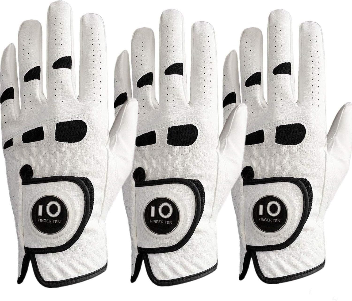 FINGER TEN Golf Gloves Men Left Hand Right with Ball Marker Cabretta Leather Weathersof Value 3 Pack, Rain Grip Golf Glove Mens Wear Resistant (White, XXL, Left)
