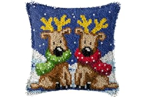 Ylkgogo Latch Hook Kits DIY Throw Pillow Cover Pre-Printed Reindeers Canvas Needlework Handicrafts for Kids & Adults Family Activity Sofa Decor 17'' x 17''