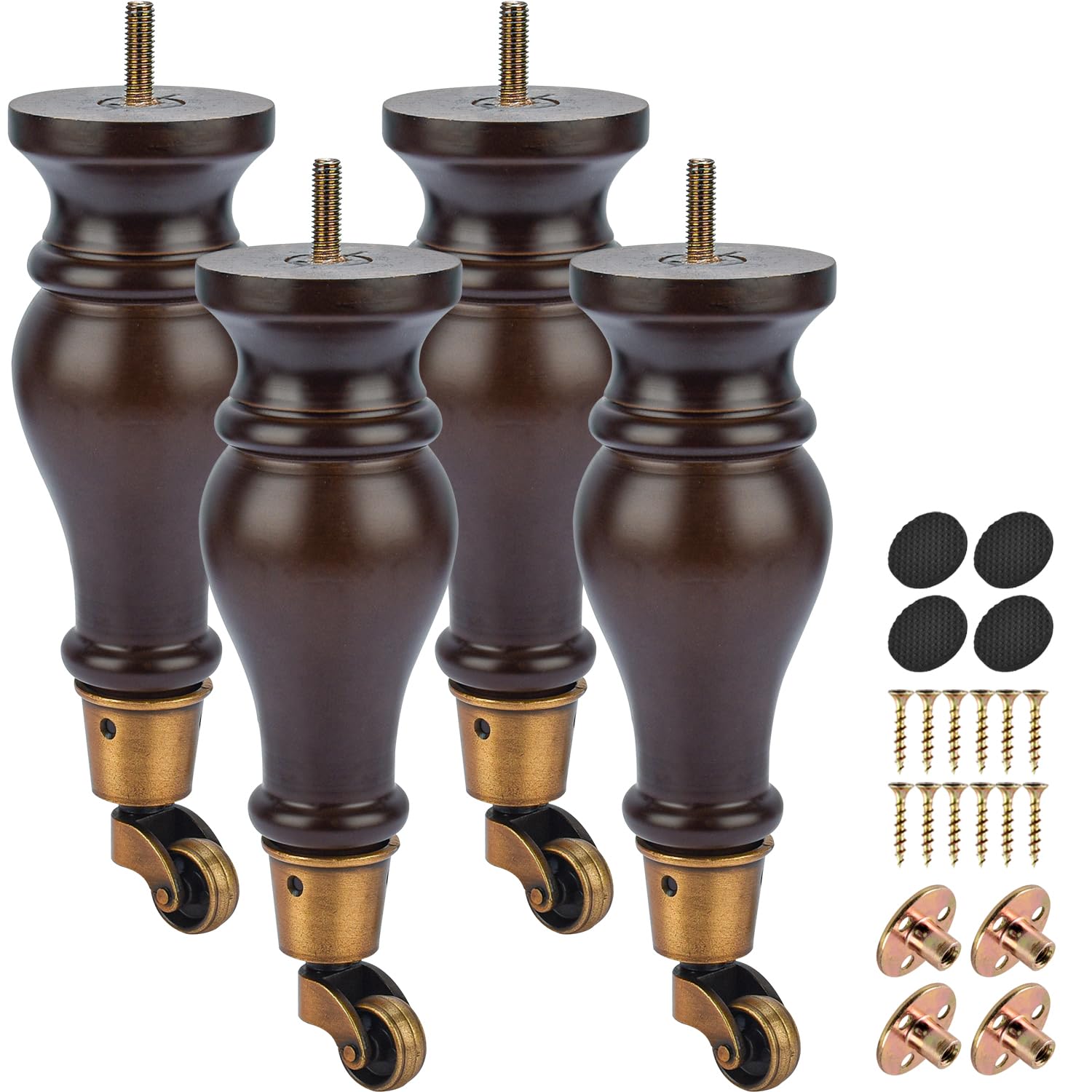 La Vane 9 inch Wooden Furniture Legs with Castor, 4PCS Soild Wood Walnut Turned Replacement Bun Feet with Pre-Drilled M8 Inch Bolt & Mounting Plate for Armchair Ottoman Recliner Chair Footstool