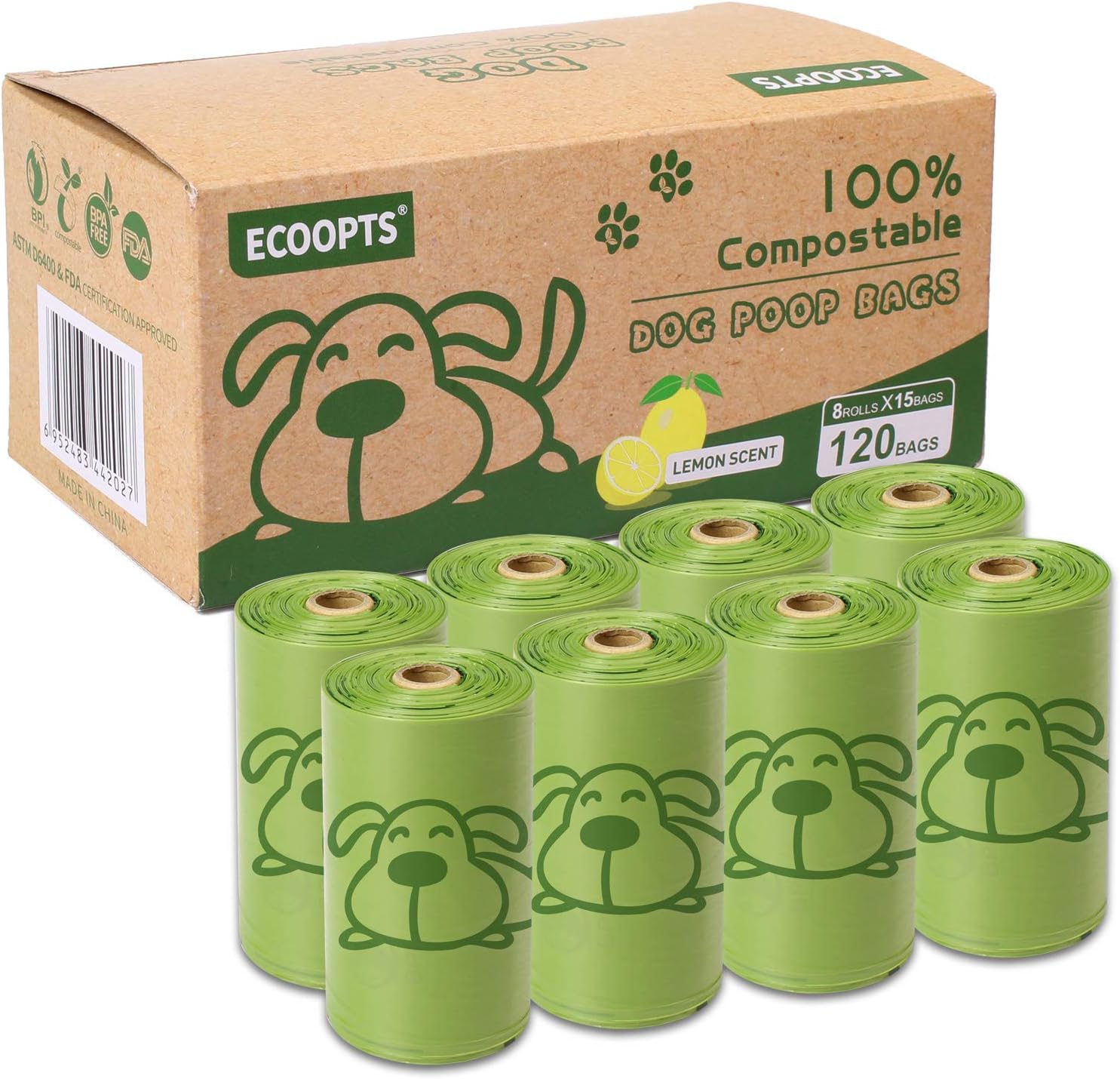 ECOOPTS 100 Compostable Dog Poop Bags, Lemon Scent Large