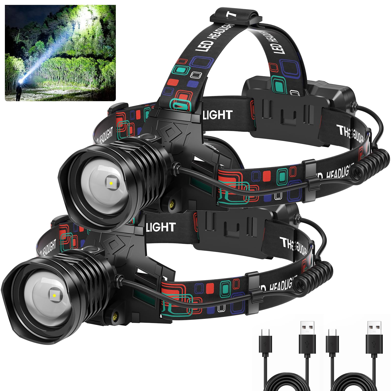 Photo 1 of azamine Rechargeable Headlamp Super Bright 99000 Lumens, 2Pack LED Head Lamp with 3 Modes, 90° Adjustable Head Lights for Forehead, IPX6 Waterproof HeadLamps for Adults Camping Hunting Hiking