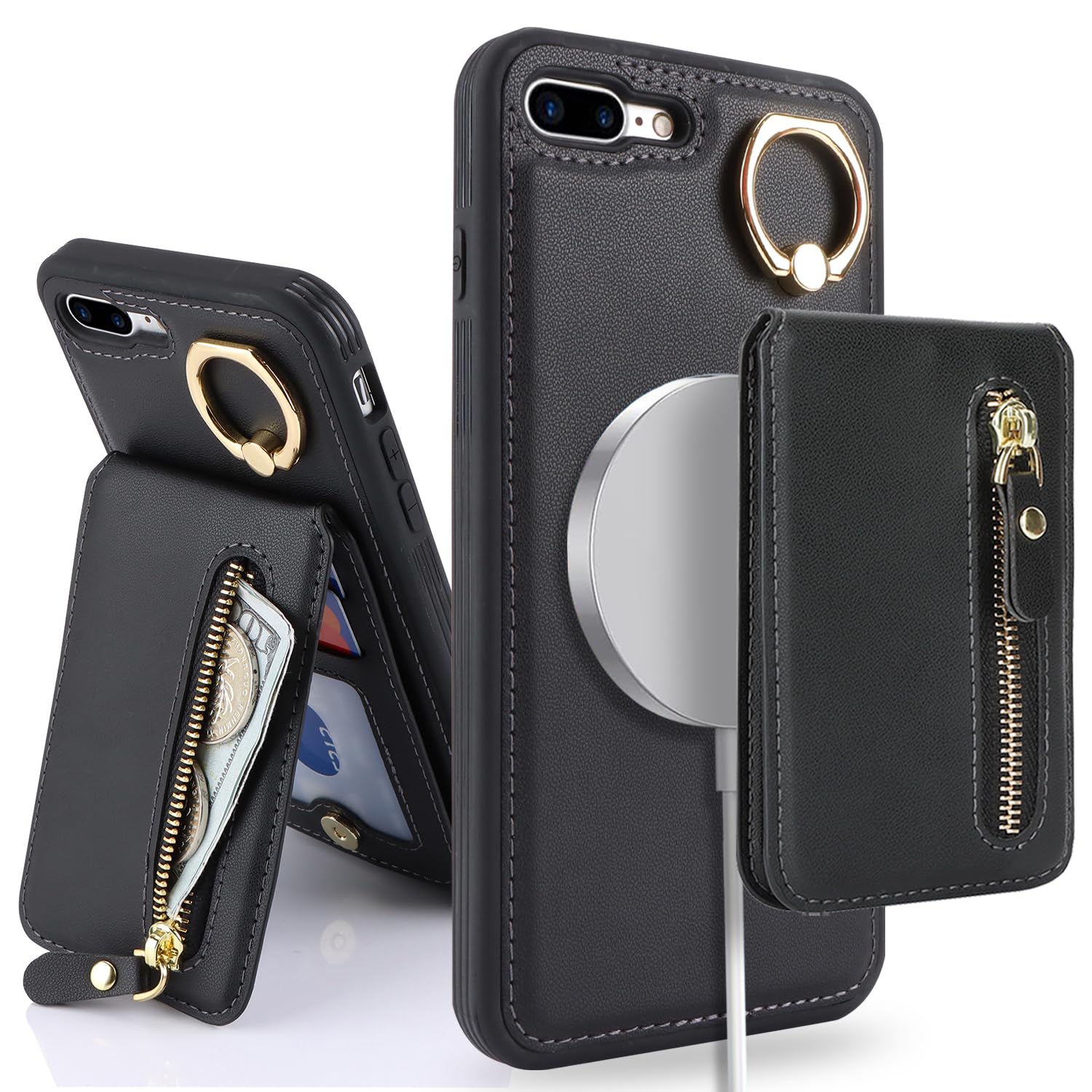 SailorTech iPhone 7 Plus/8 Plus Case with Card Holder, Ring Stand, Kickstand, Zipper Pocket - Black