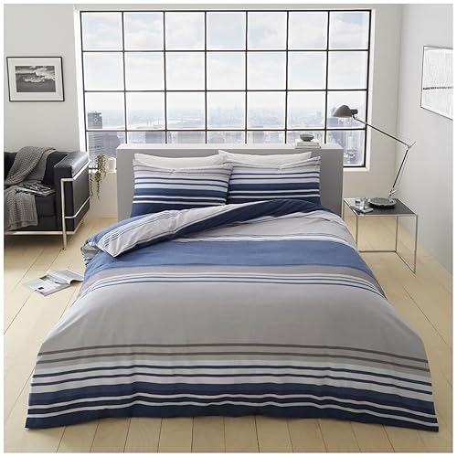 GAVENO CAVAILIA Easy Care Banded Stripe Duvet Set Quilt Cover and Pillowcases Luxury Soft and Cosy Lined Bedding MOXIE King - Blue