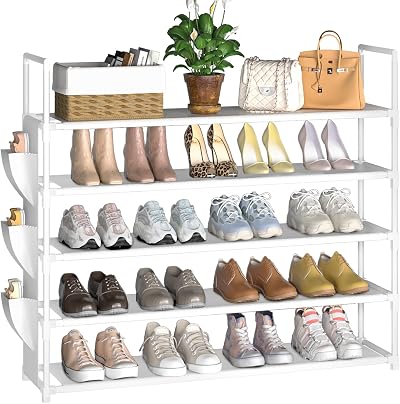 OYREL 5-Tier Shoe Rack 20-25 Pairs Large Organizer with Side Bag White