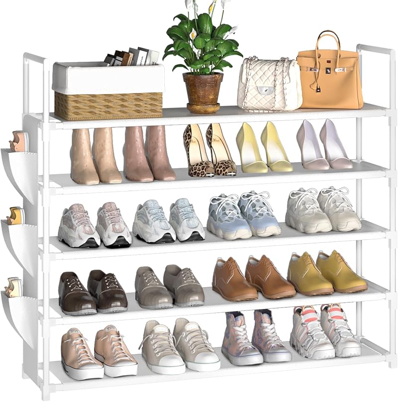 OYREL 5-Tier Shoe Rack 20-25 Pairs Large Organizer with Side Bag White