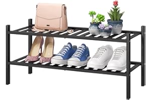 VIEWCARE 2-Tier Black Bamboo Shoe Rack for Entryway, Stackable | Foldable | Natural, Shoe Shelf Storage Organizer for Hallway Closet, Free Standing Shoe Racks for Indoor Outdoor