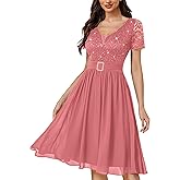 Miusol Women's V-Neck Sparkling Sequin Short Sleeves Empire Waist Cocktail Prom Dress