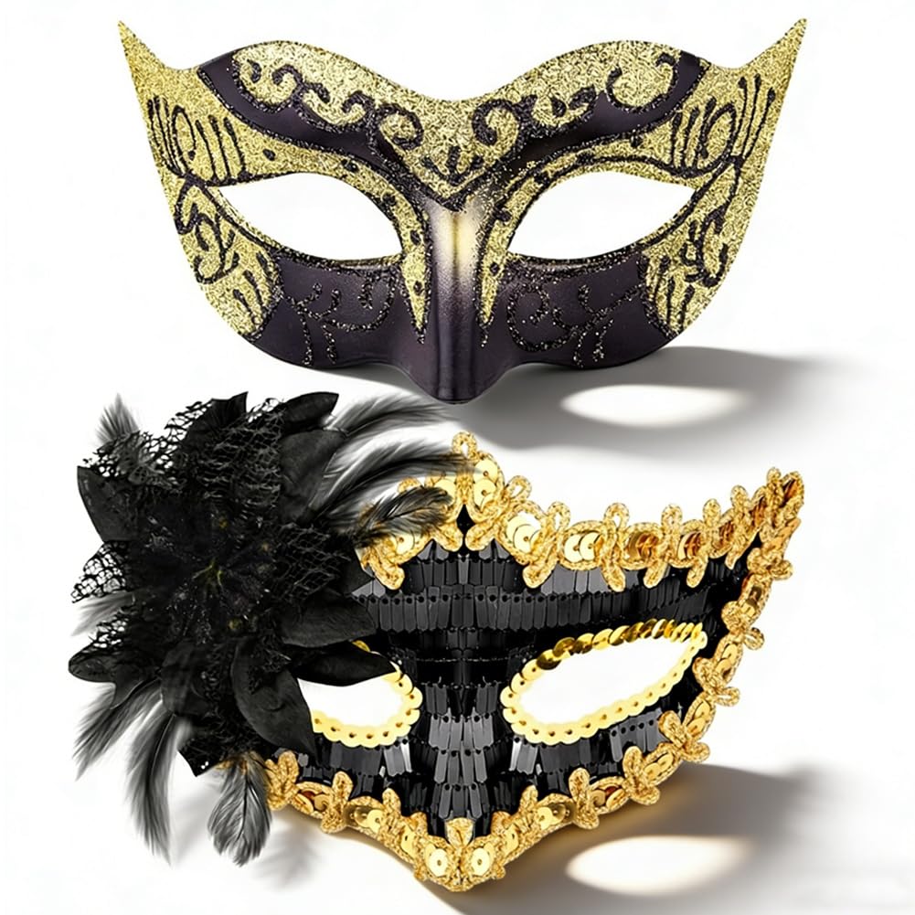 CLKDPNO 2 Pcs Couple Masquerade Mask Set,Venetian Ball Masks for Couples, Halloween Costumes Lace Eye Mask for Party, Carnival