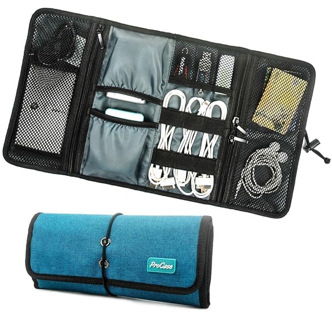 ProCase Bolsa Organizadora de Accesorios Electrónicos, Estuche de Transporte de Artilugios Pequeños Cargador Cables USB Tarjetas de Memoria SD Auriculares Disco Duro -Azul