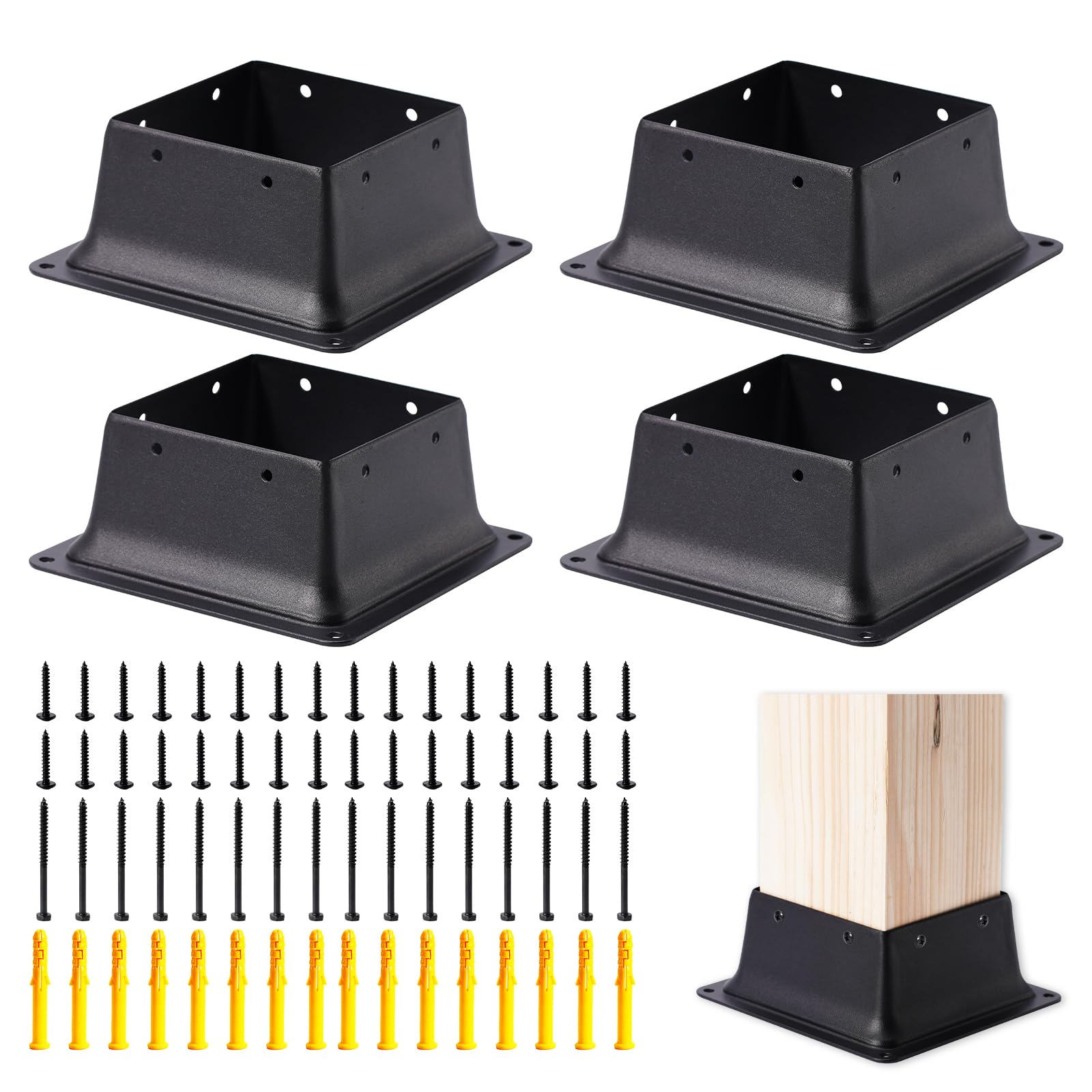 Vigtayue 4 x 4 Post Base Inner Size 4"x4"Deck Post Base Fence Post Anchor Black Powder-Coated Deck Post Base Fit 4"x4" Standard Wood Post Anchor for Deck Porch Handrail Railing Support (Black-4pcs)