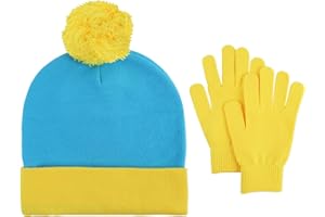 FONYFA Halloween Character Cosplay Headwear and Gloves,Cartman Knit Pom Beanie Hat, Halloween Custume Winter Hat Set for Adult (blue and yellow)
