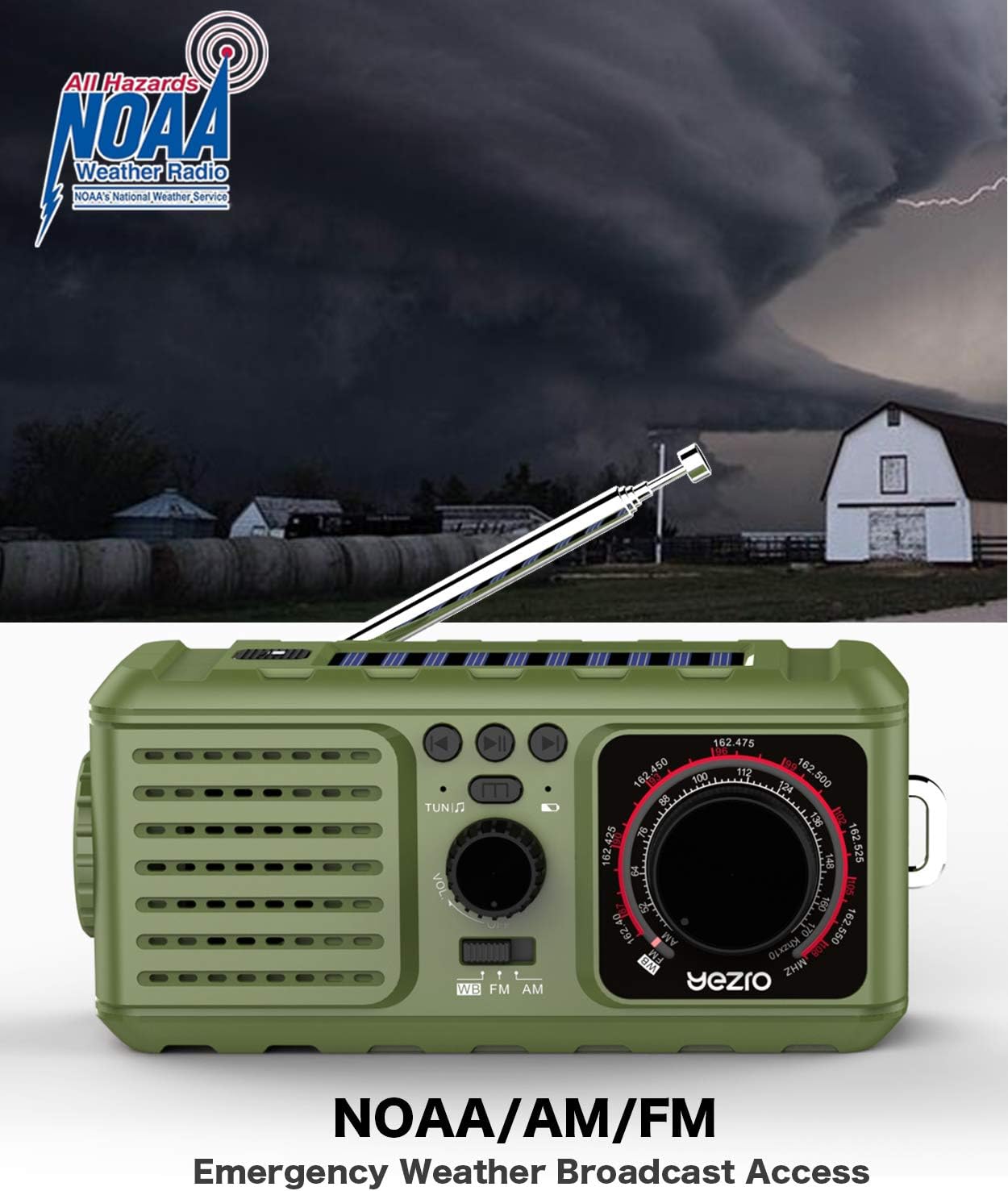 Solar Crank Emergency Radio, YEZRO NOAA/AM/FM Portable Weather Radios with Flashlight, SOS Alarm, USB Phone Charger, MP3 Player, 2200mHA Power Bank for Home Outdoor (Green): Home Audio & Theater