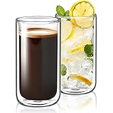 Joeyan Glass Double Walled Beer Drinking Glasses, Insulated Thermo Glass Tumbler Without Hole, Thickened Water Cocktail Highball Glass Cups, Smoothie Tea Coffee Glassware, 12oz, 2Pack, Dishwasher Safe
